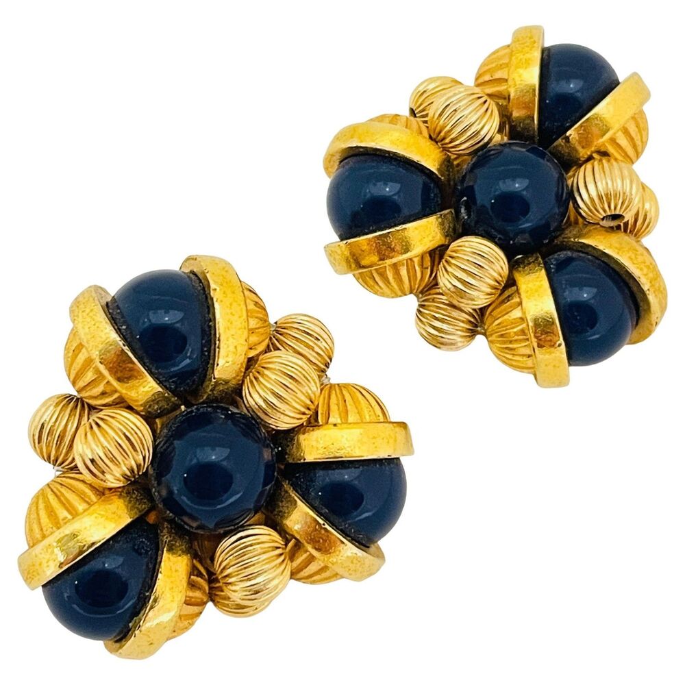 Vintage gold tone black beaded designer clip on earrings